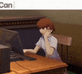 a girl is sitting at a desk in front of a computer with the word can in the corner .