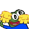 a cartoon frog with a blue shirt and yellow gloves is giving a thumbs up .