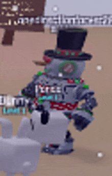 a robot wearing a top hat and bow tie is standing next to a dog .