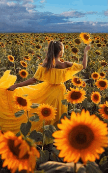the woman is wearing a long yellow dress and standing in a field of sunflowers .