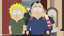 two cartoon characters from south park are standing next to each other in front of a church