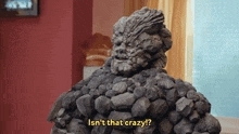 a statue of a man made of rocks says " isn 't that crazy ? "