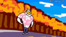 a cartoon of a man in a pink shirt standing in front of a fire with the name tropayaso245 at the bottom