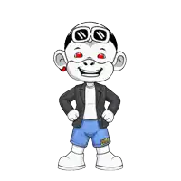 a cartoon of a man wearing a jacket and shorts with the word zhou on them