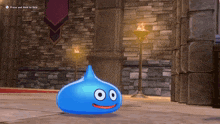 a blue slime in a video game with the words press and hold to skip on the bottom