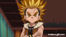 a cartoon character with yellow hair and a fur collar is looking at the camera with his arms crossed