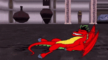 a cartoon drawing of a red dragon laying on the ground