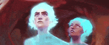 a couple of women with blue hair are standing next to each other in a cave looking up at the sky .