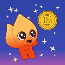 a cartoon character stands next to a gold coin with the letter b on it