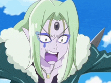 a cartoon character with green hair and purple eyes has a necklace around her neck