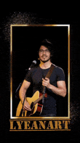 a man holding a guitar and singing into a microphone with the name lyeanart above him