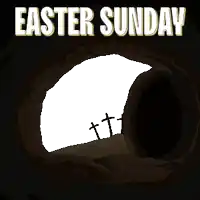 a poster for easter sunday with a hole in the ground and three crosses