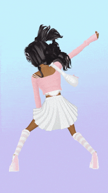 a drawing of a girl wearing a pink top and a white skirt