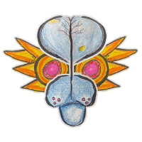 a drawing of a bird with wings and a tree in the background