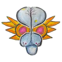 a drawing of a bird with wings and a tree in the background