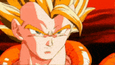 a close up of a cartoon character 's face with a red background and the words " http://dragonball.com/ " visible