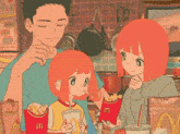 a man and two girls are eating french fries at mcdonald 's