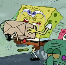a cartoon of spongebob carrying an envelope with a crying face