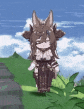 a cartoon character with a rabbit 's ears is walking down a path in a field .