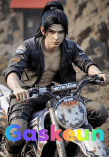 a man is riding a motorcycle with the word gaskun on the bottom right