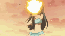 a girl in a bikini is holding a gun and shooting it