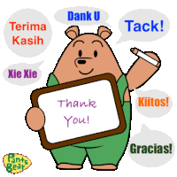a cartoon bear holding a sign that says " thank you "