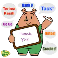 a cartoon bear holding a sign that says " thank you "