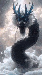 a black and white dragon with blue horns is surrounded by clouds .
