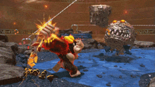a video game is being played with a giant explosion going off in the background