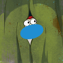 a cartoon character with big eyes and a blue mouth is peeking out from behind a green curtain