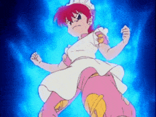 a cartoon character with red hair and a white apron