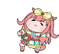 a cartoon drawing of a girl with pink hair and a yellow bow on her head .