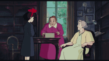a girl with a red bow on her head is standing next to an older woman sitting in a chair