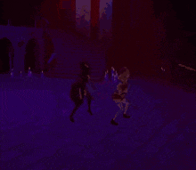 two women are dancing in a dark room with a window that says ' stained glass ' on it