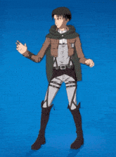 a drawing of a man standing on a blue background with his hand outstretched