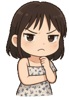 a cartoon drawing of a girl in a floral dress with an angry look on her face