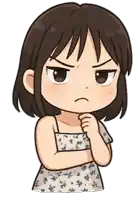 a cartoon drawing of a girl in a floral dress with an angry look on her face
