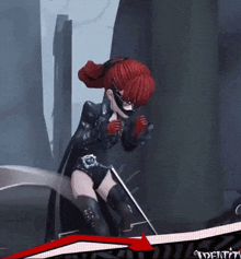 a girl with red hair and a mask is standing in front of an identity logo