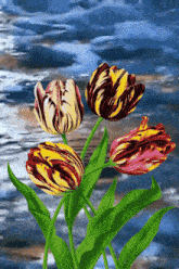 a painting of a bunch of colorful flowers with water in the background