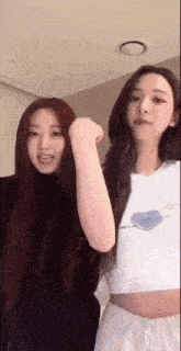 two young women are standing next to each other in a room and making funny faces .
