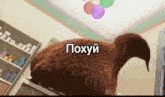 a chicken is sitting on top of a shelf with balloons hanging from the ceiling .