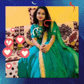 a woman in a green dress is sitting on a couch with hearts surrounding her