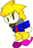 a cartoon character with yellow hair is wearing a blue jacket and pink shoes .