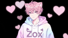 a boy with pink hair is wearing a hoodie that says zox on it