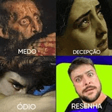 a man with a beard is making a funny face while looking at a painting of a woman .