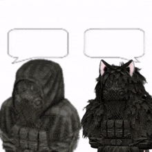 a man in a gas mask and a cat with pink ears talking