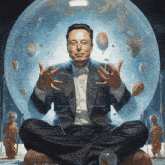 a man in a suit is sitting in a lotus position in front of a globe