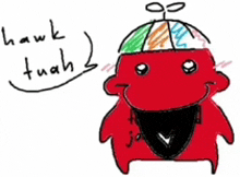 a drawing of a red monster with hawk tuah written on the bottom