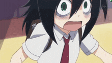 a girl with black hair and green eyes is wearing a white shirt and a red tie .