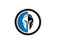 a spartan helmet is divided in half in a blue and black circle